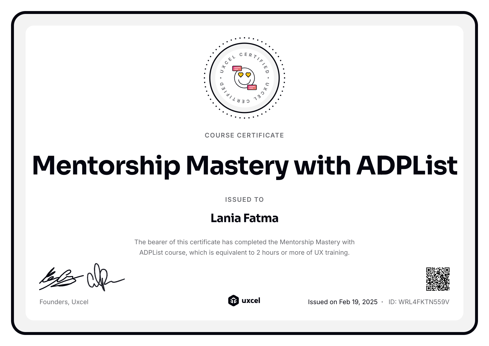 Lania Fatma's certificate